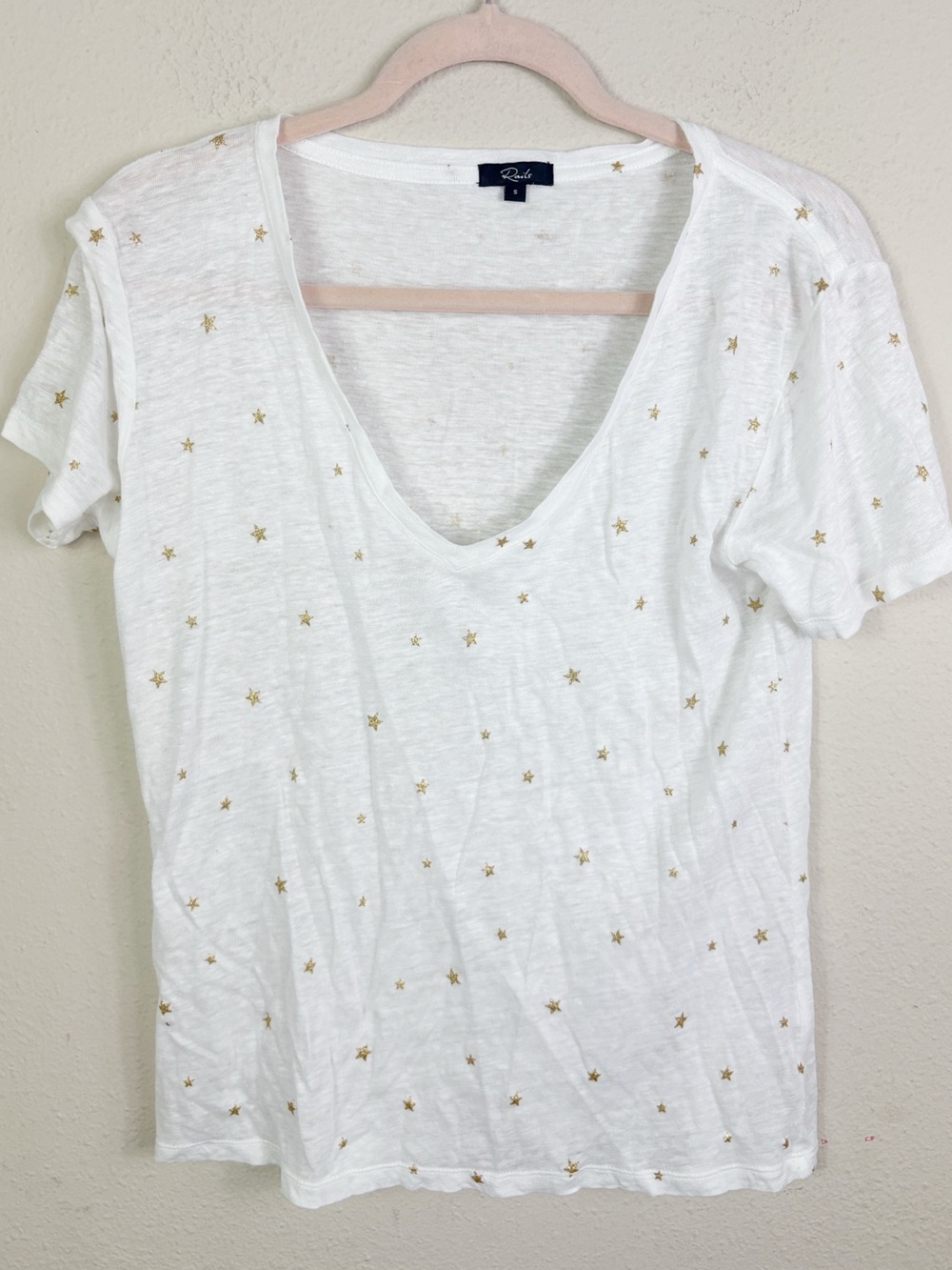 Rails Cara Linen Blend Top Short Sleeves Shirt With Gold Stars size Small